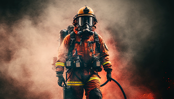 dramatic photo of firefighter standing before fire and smoke